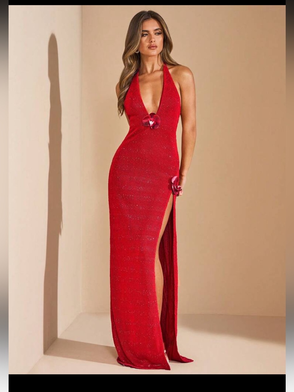SHEIN Bae Red Halter Knit Maxi Dress with Floral Decor and High Slit Sz XS